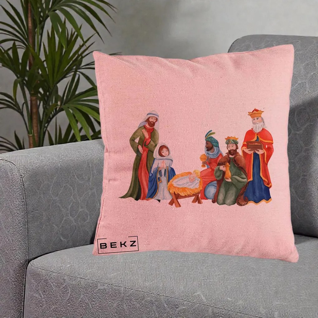 Perna Decorativa Nasterea Domnului Cei Trei Magi Acuarela, 40x40 cm, Roz, Husa Detasabila, Perna Inclusa, BEKZ®