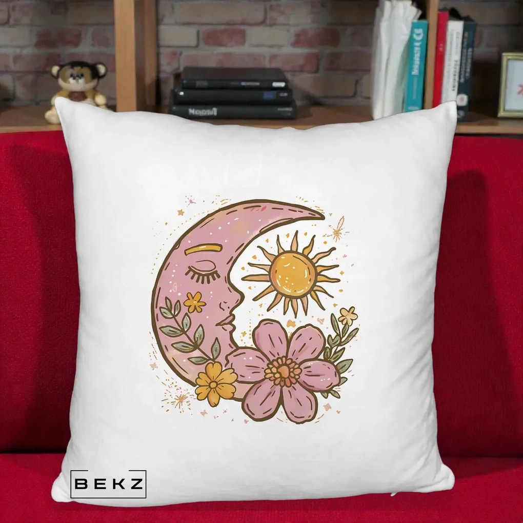 Perna Personalizata Luna si Soare Floral Boho, 40x40 cm, Alb Pufos, Husa Detasabila, Perna Inclusa, BEKZ®