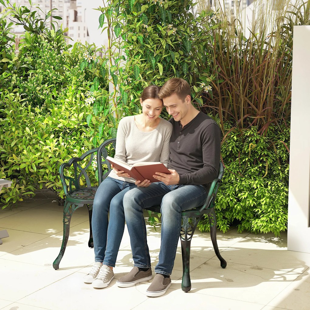 Outsunny Banc de grădină din aluminiu turnat, banc exterior 2 locuri cu spătar lalea, șezut floral, 99x57x78cm, vert antique | Aosom Romania