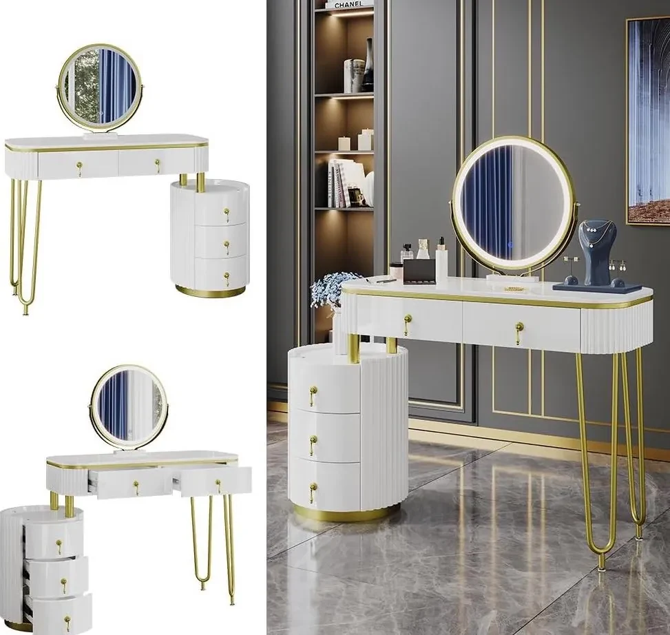 SEA422 - Set Masa toaleta, 100 cm, cosmetica machiaj, oglinda cu LED, masuta vanity - Alb-Auriu