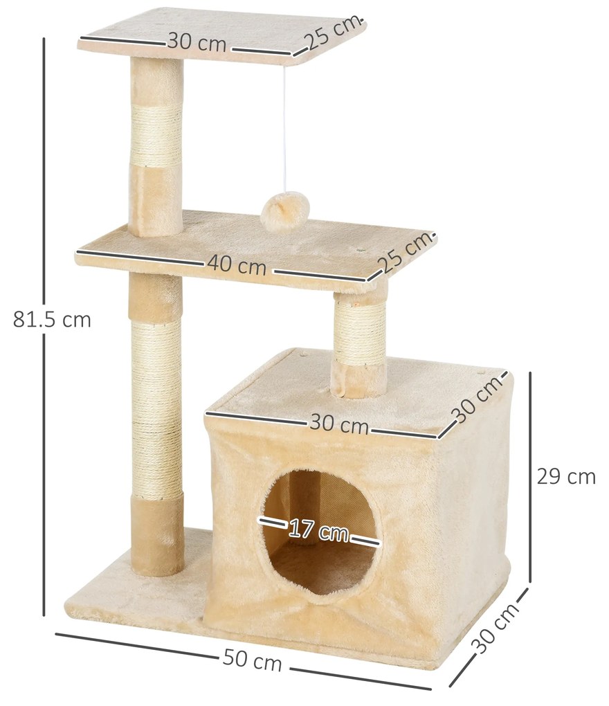 Centru de activitati PawHut cu spatiu pentru zgariat si culcus pentru pisici minge sfoara din sisal plus din lemn bej 50 x 30 x 80cm | Aosom RO