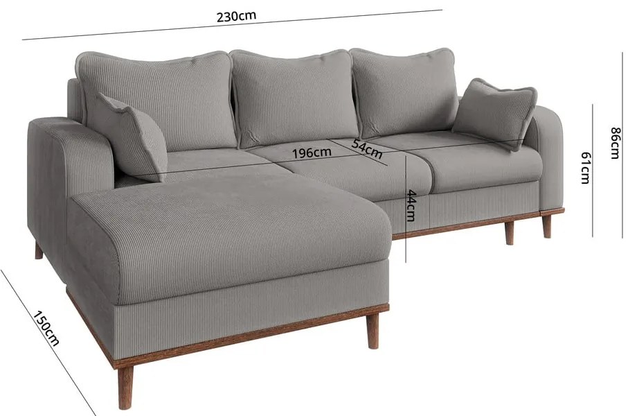 Colțar gri deschis cu tapițerie din catifea reiată (cu colț pe partea stângă ) Beata – Ropez