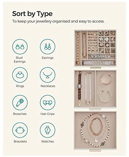 Cutie de bijuterii, Songmics, 3 straturi, 2 sertare, JBC239WT, Alb-Auriu
