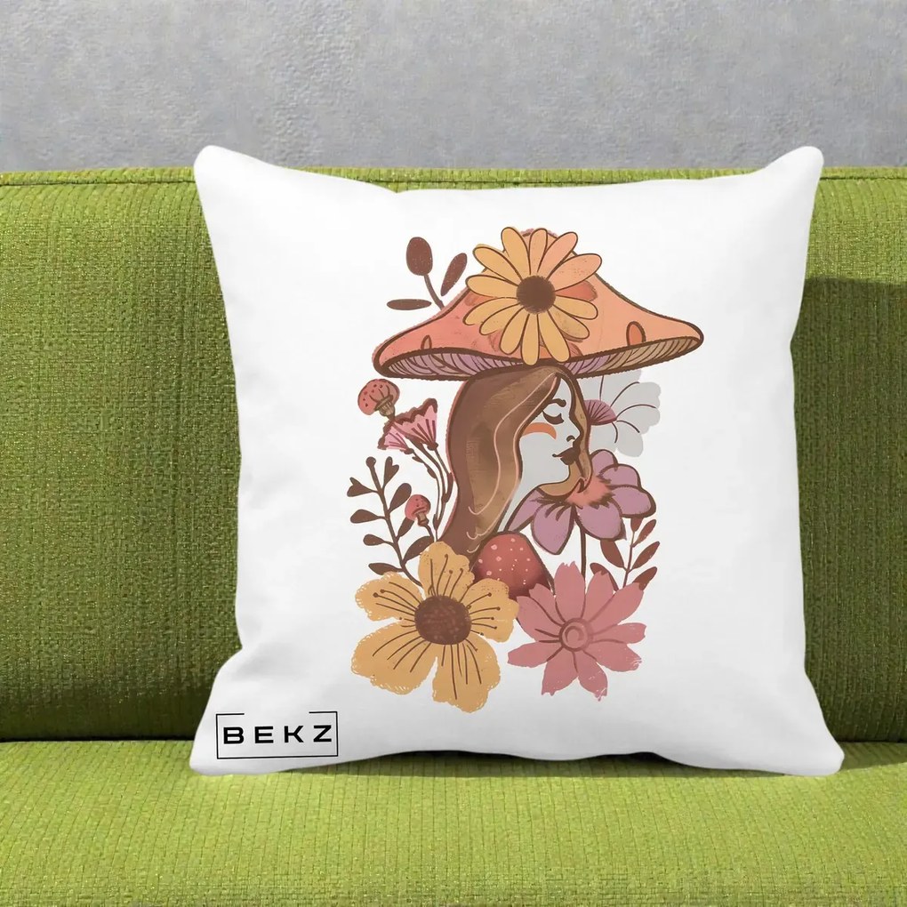 Perna Decorativa Fata Ciuperca Florala Boho, 40x40 cm, Alba Mata, Husa Detasabila, Perna Inclusa, BEKZ®