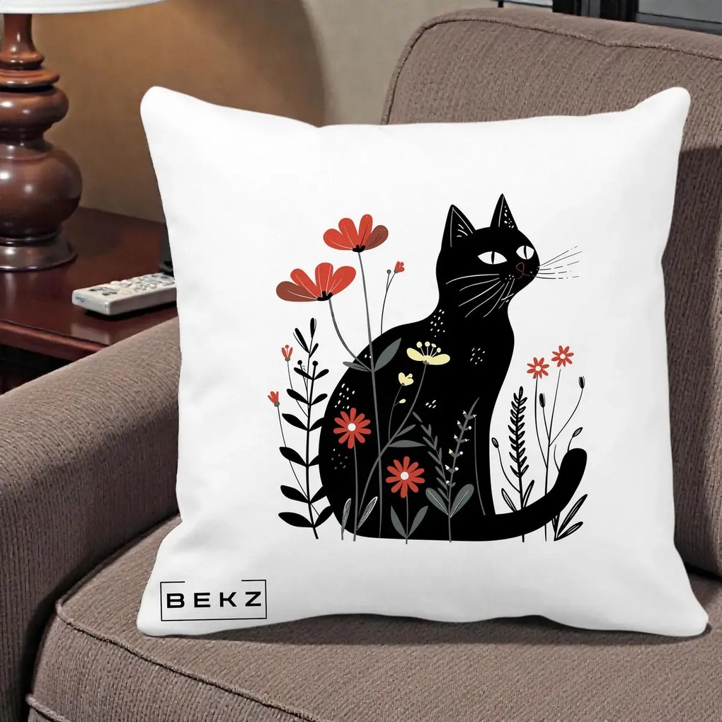 Perna Decorativa Pisica Neagra Flori Rosii Folk, 40x40 cm, Alba Mata, Husa Detasabila, Perna Inclusa, BEKZ®