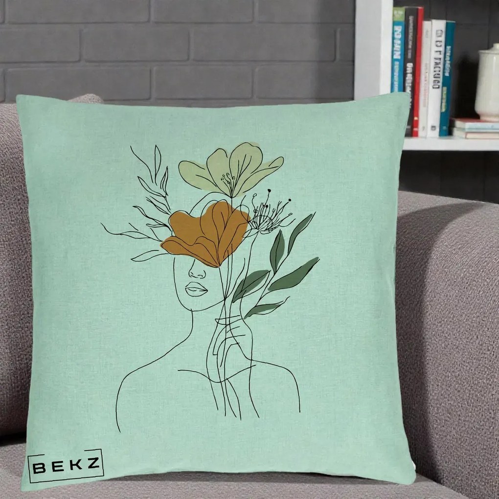 Perna Decorativa Portret Feminin Coroana Florala, 40x40 cm, Verde Menta, Husa Detasabila, Perna Inclusa, BEKZ®