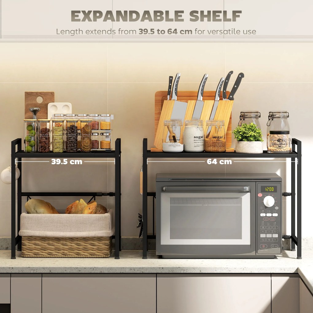HOMCOM Suport extensibil pentru cuptor cu microunde pe 2 niveluri cu 3 cârlige, din metal, negru | Aosom Romania