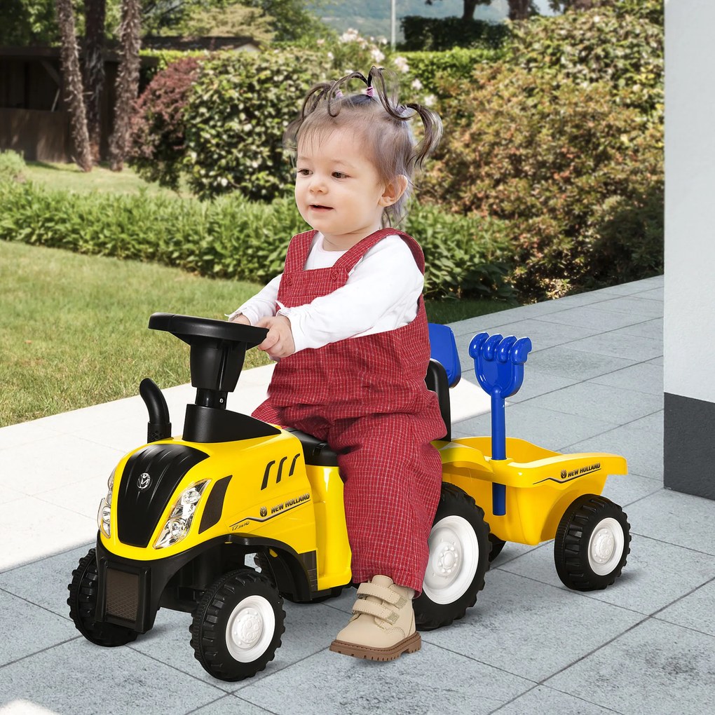 Tractor pentru Copii 12-36 Luni HOMCOM, Prevazut cu Loc cu Remorca, Grebla si Lopata, Joc Educativ, 91x29x44cm, Galben | Aosom Romania