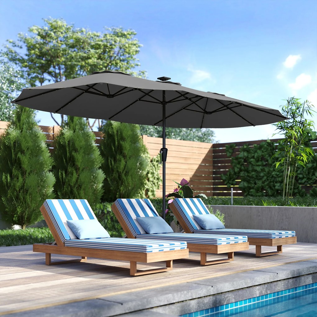 Outsunny Umbrelă Dublă de Grădină 4x2 m cu 36 LED-uri Solare UPF50+ Manivelă 12 Spițe Rezistentă la Apă Gri închis | Aosom Romania