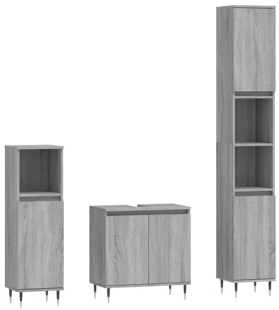 vidaXL Set dulapuri de baie, 3 piese, gri sonoma, lemn prelucrat