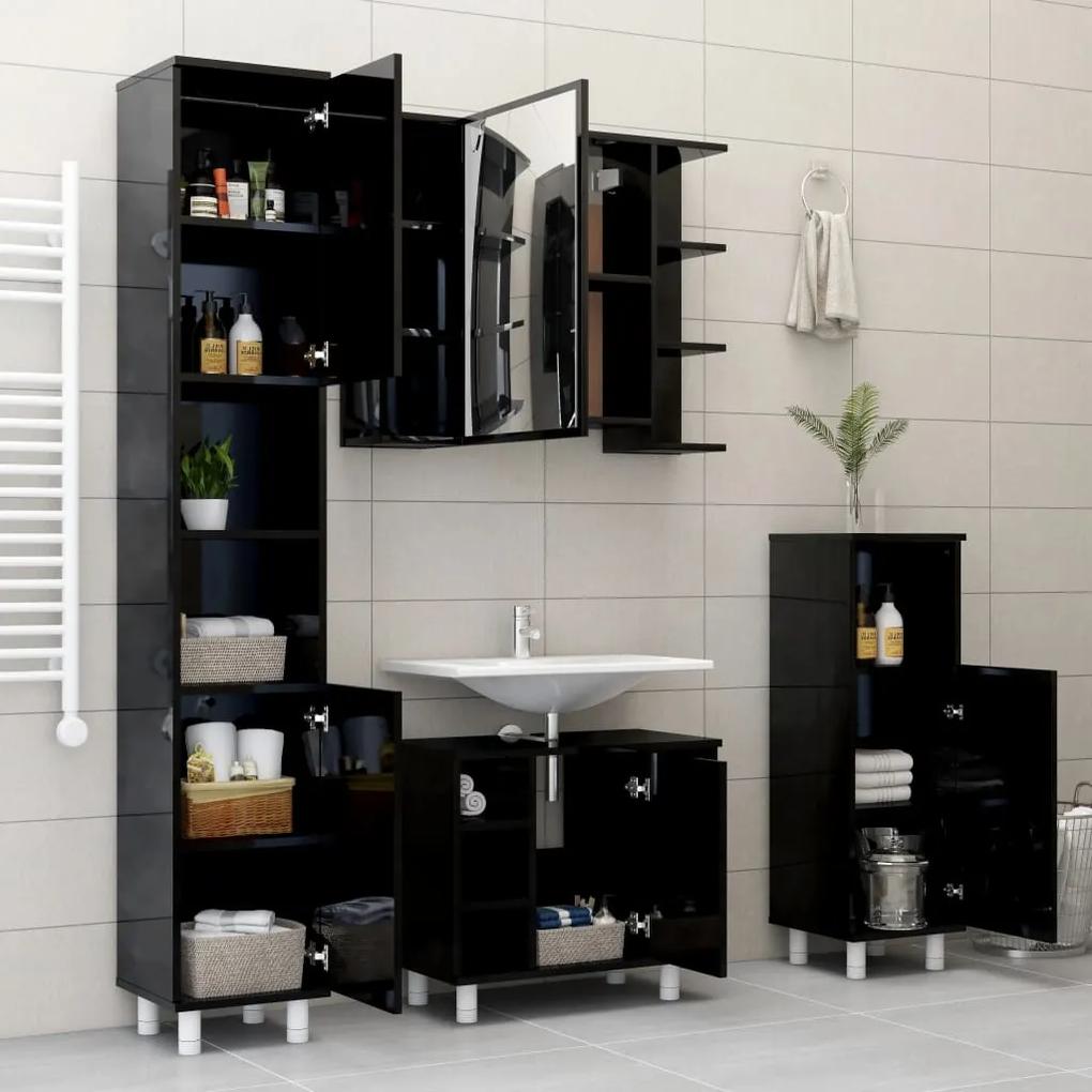 Dulap de baie, negru extralucios, 30 x 30 x 179 cm, PAL negru foarte lucios, 1