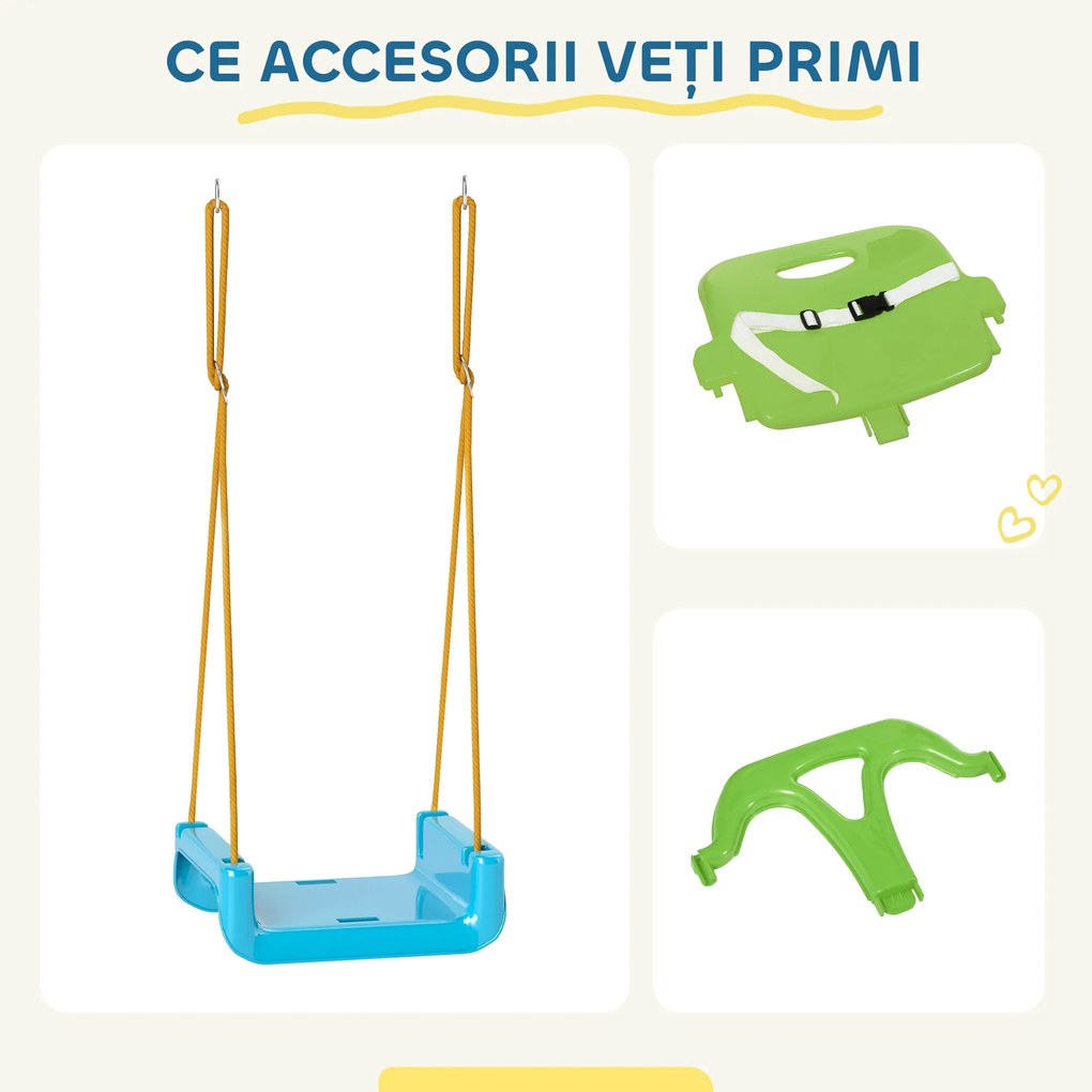 Outsunny Leagăn pentru Copii 3 în 1 pentru Interior și Exterior, Leagăn de Grădină pentru Bebeluși și Copii 9-36 Luni, Frânghie Reglabilă 120-180 cm și Centură de Siguranță, 42x33x120-180 cm, Verde | Aosom Romania