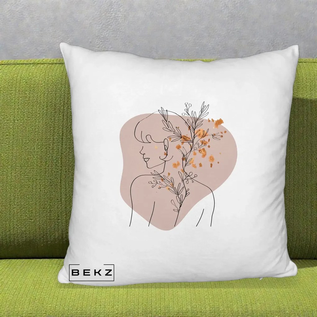Perna Decorativa Femeie cu Flori Line Art Boho, 40x40 cm, Alb Pufos, Husa Detasabila, Perna Inclusa, BEKZ®