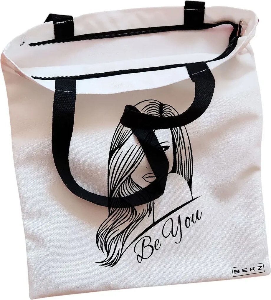 Sacosa de Panza pentru Cumparaturi, Geanta Tote, model Be You 3, Cu fermoar, 38x34.5 cm, Alba, BEKZ®