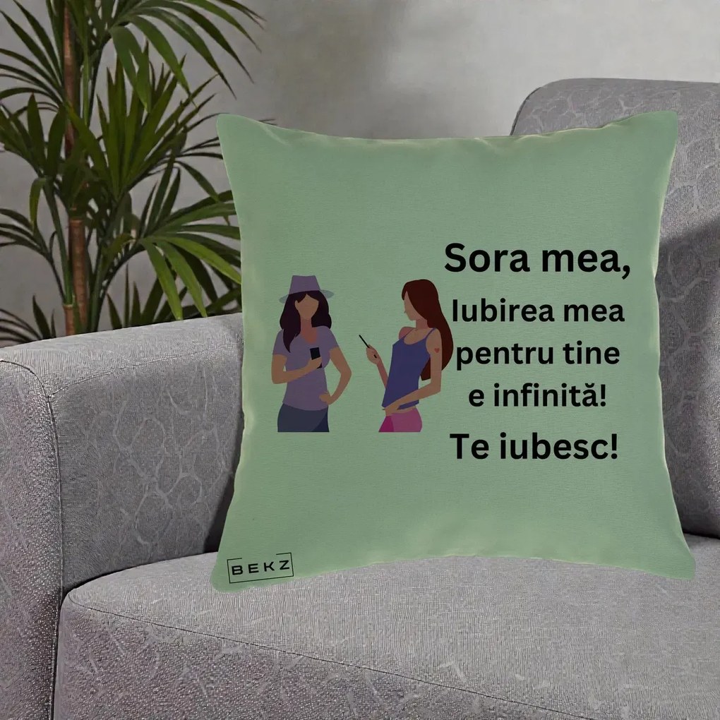 Cadou pentru Sora - Perna Personalizata Sora Mea Te Iubesc Doua Fete cu Telefoane, 40x40 cm, Verde, Husa Detasabila, Perna Inclusa, BEKZ®