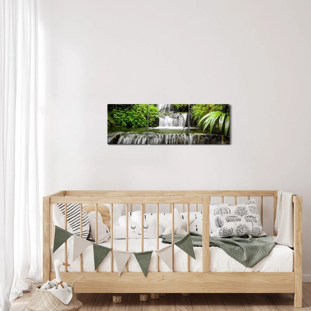 Tablou - Cascadă în pădurea tropicală (cu ceas) (90x30 cm)