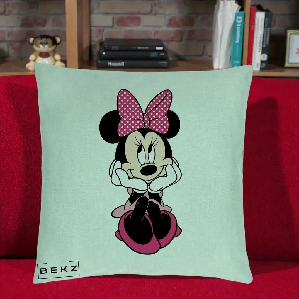 Perna Personalizata Minnie Mouse cu Fundita, 40x40 cm, Verde Menta, Husa Detasabila, Perna Inclusa, BEKZ®