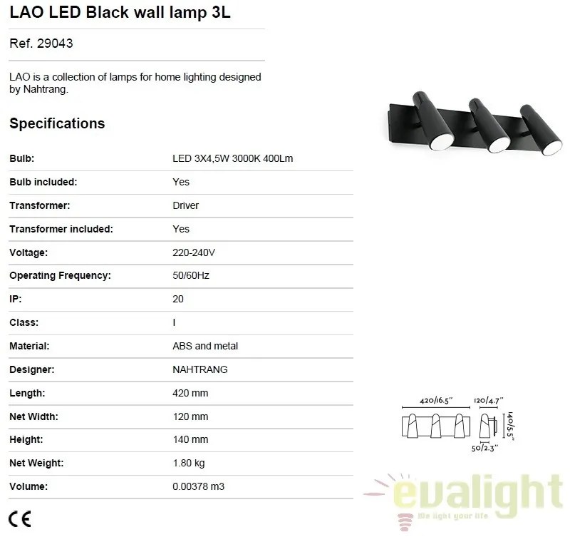 Aplica perete LED moderna cu 3 spoturi LAO neagra 29043
