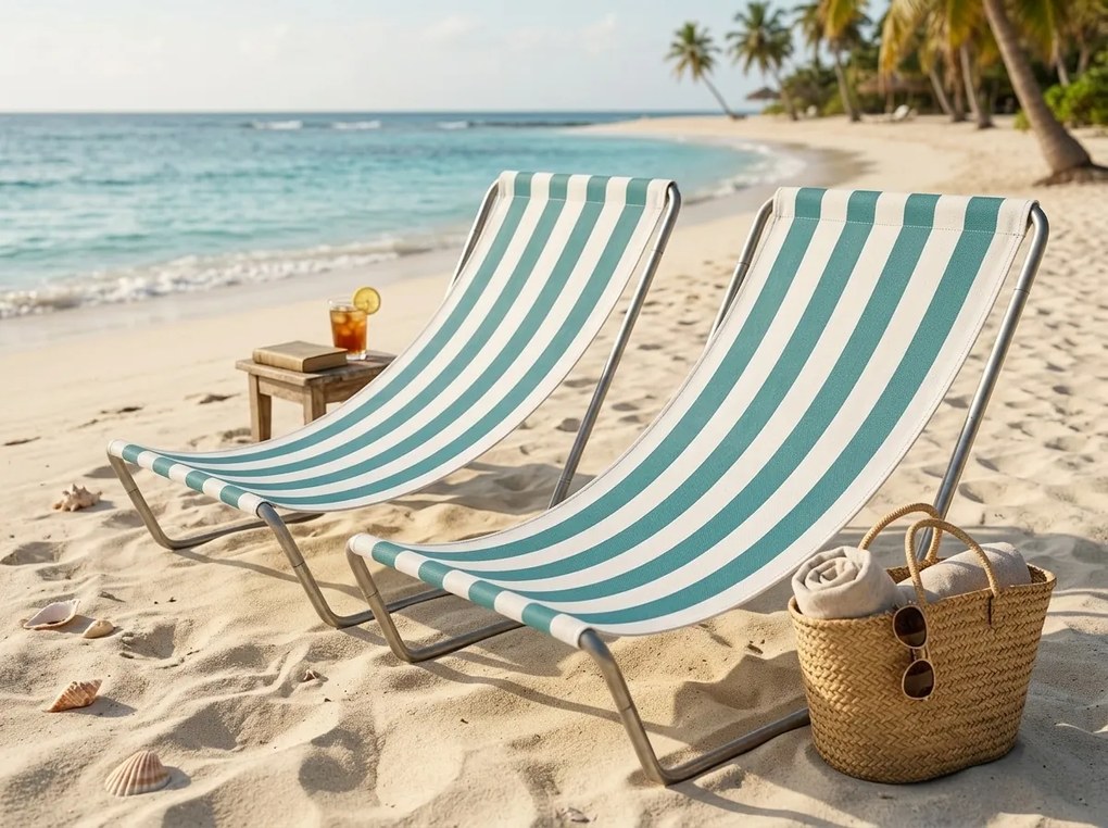 Set de 2 sezlonguri pliante pentru plaja SAND, dungi turcoaz