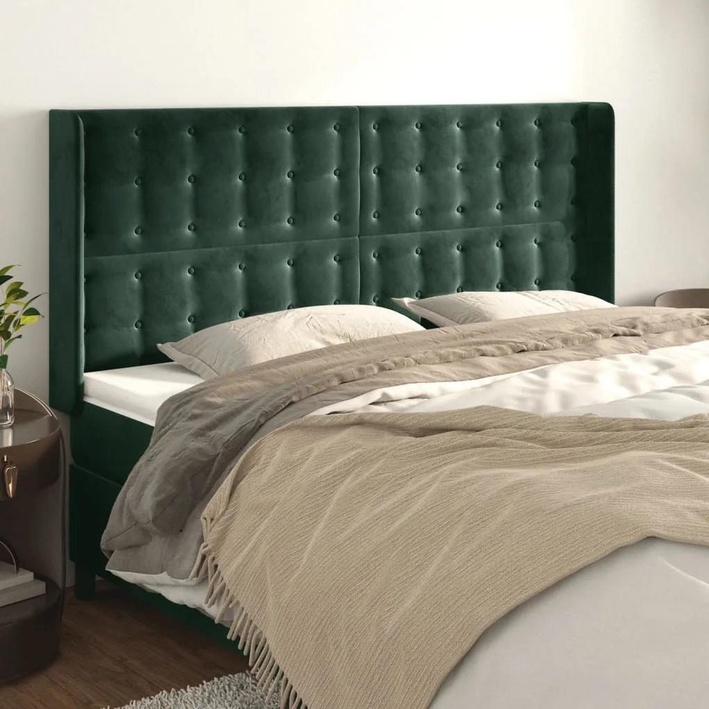 3120071 vidaXL Tăblie pat cu aripioare verde închis 163x16x118/128 cm catifea