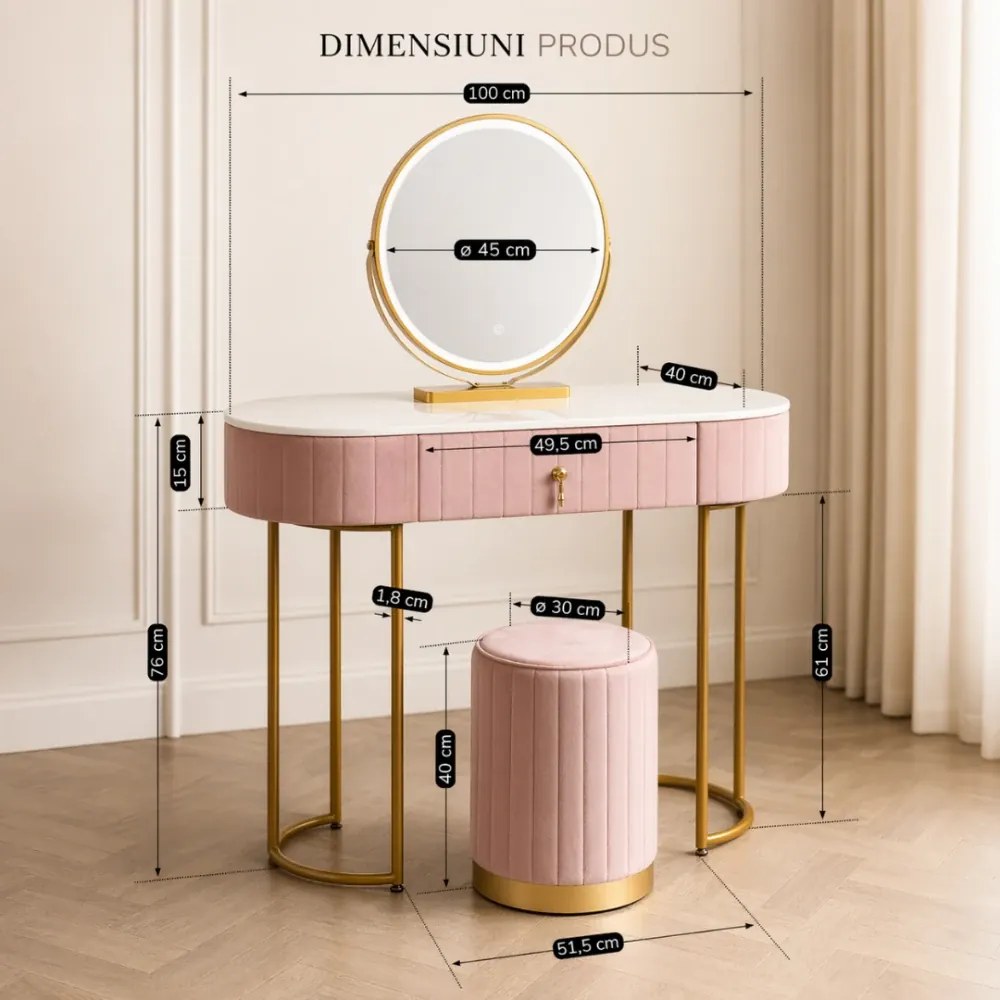 Set ASHLEY, Masă de toaletă pentru machiaj cu oglindă iluminată LED, control touch, sertar, taburet, 100x40x76 cm, Roz/Auriu