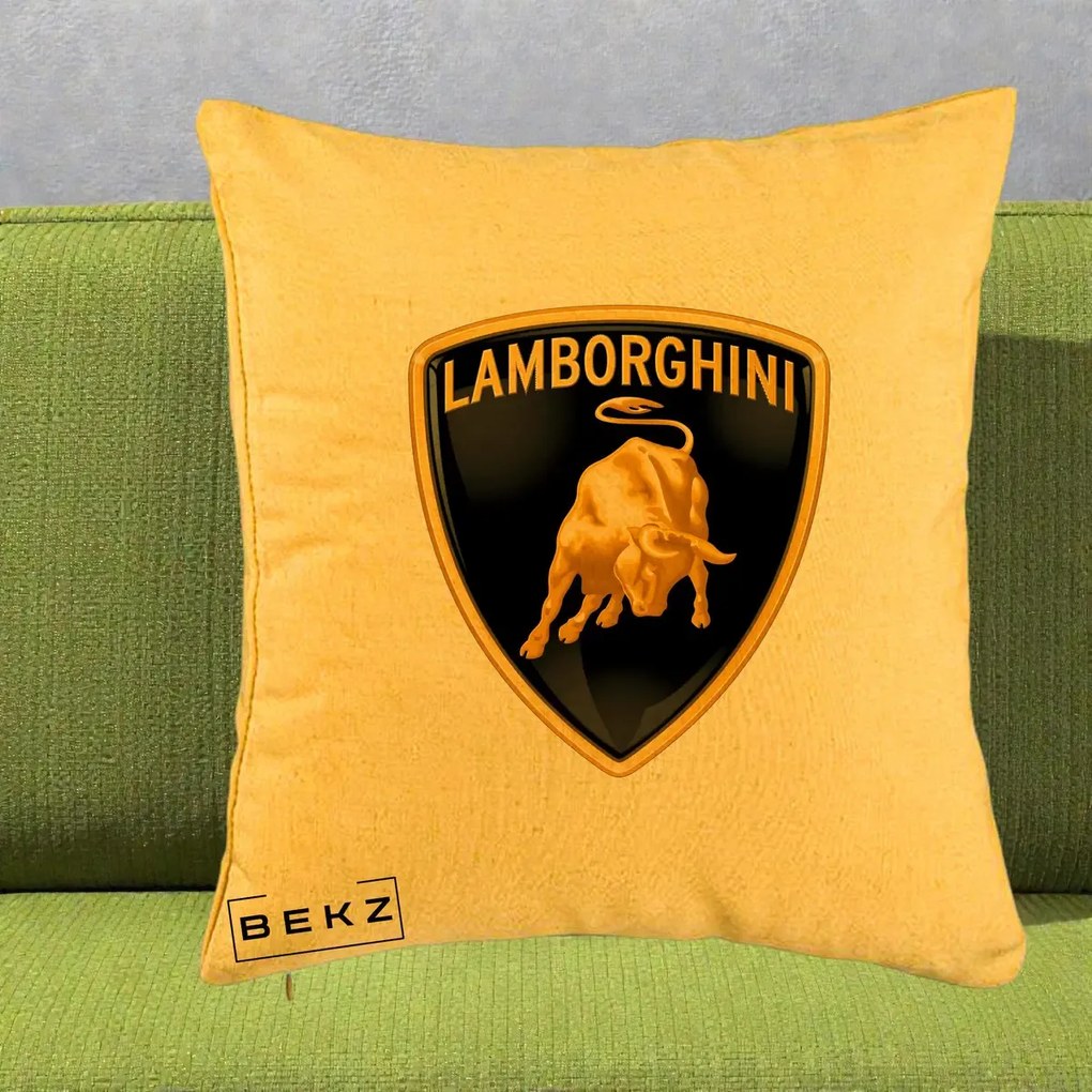 Perna Personalizata cu emblema Lamborghini, 40x40 cm, Galben, Husa Detasabila, Perna Inclusa, BEKZ®