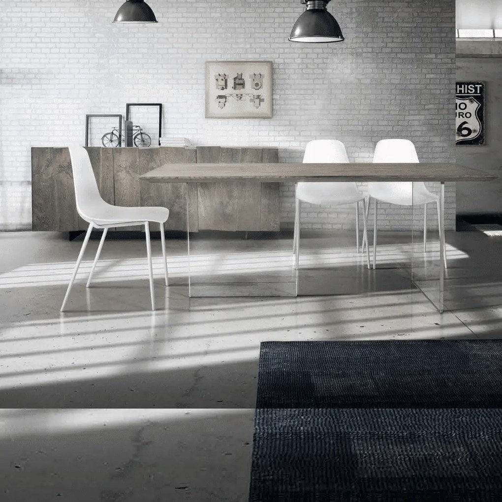 MASA GLASS - BLAT LEMN MASIV CU PICIOR STICLA SECURIZATA - GRI CIMENT - 250 cm / 100 cm / h 77 cm