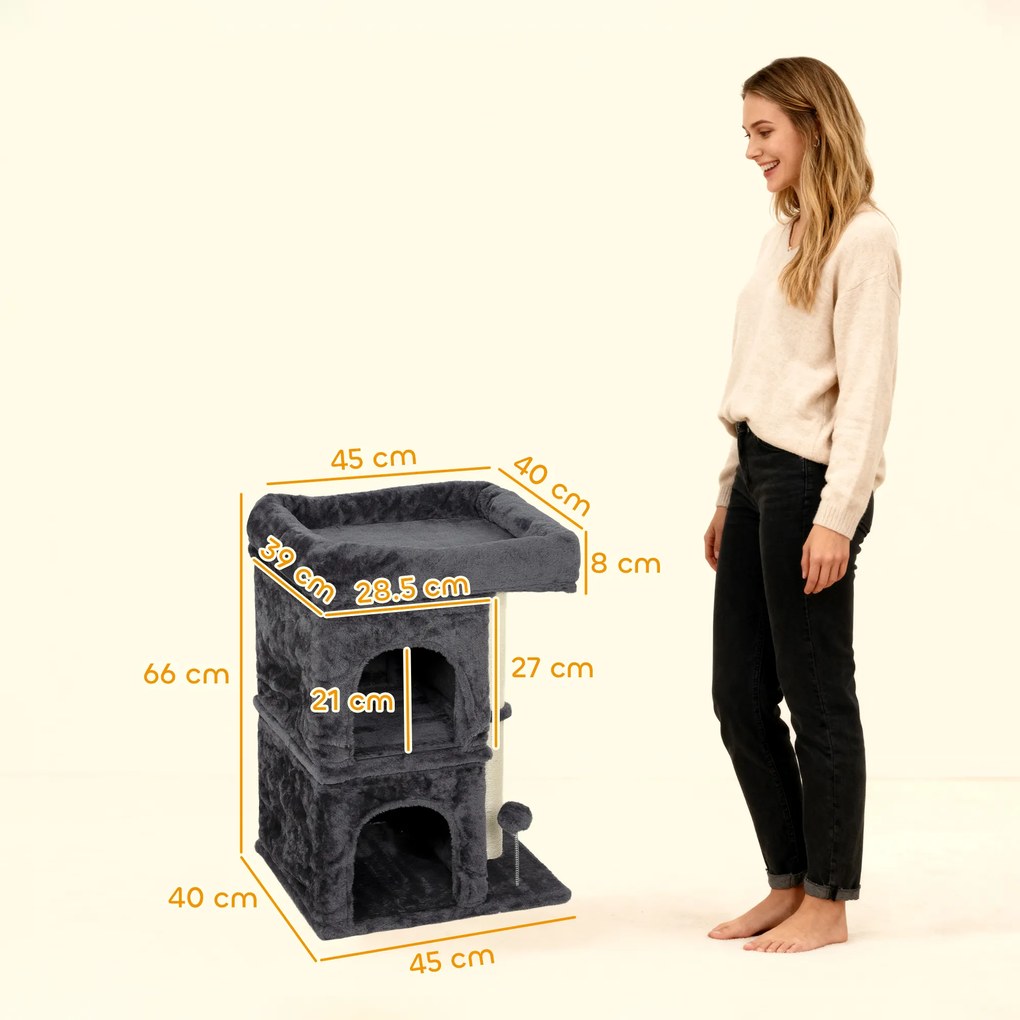 PawHut Ansamblu de joacă pentru pisici de până la 7 kg cu 2 căsuțe, pat și stâlp de sisal, 66cm, Gri | Aosom Romania