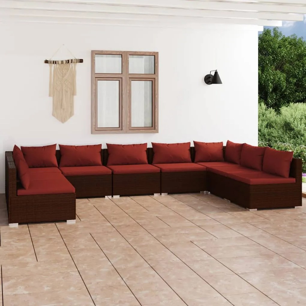 Set mobilier de gradina cu perne, 9 piese, maro, poliratan