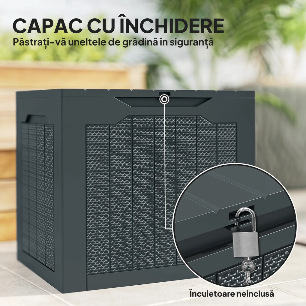 Outsunny Cufăr de Grădină cu Mânere, Container pentru Unelte Impermeabil, 56x41x50 cm, Gri Închis | Aosom Romania