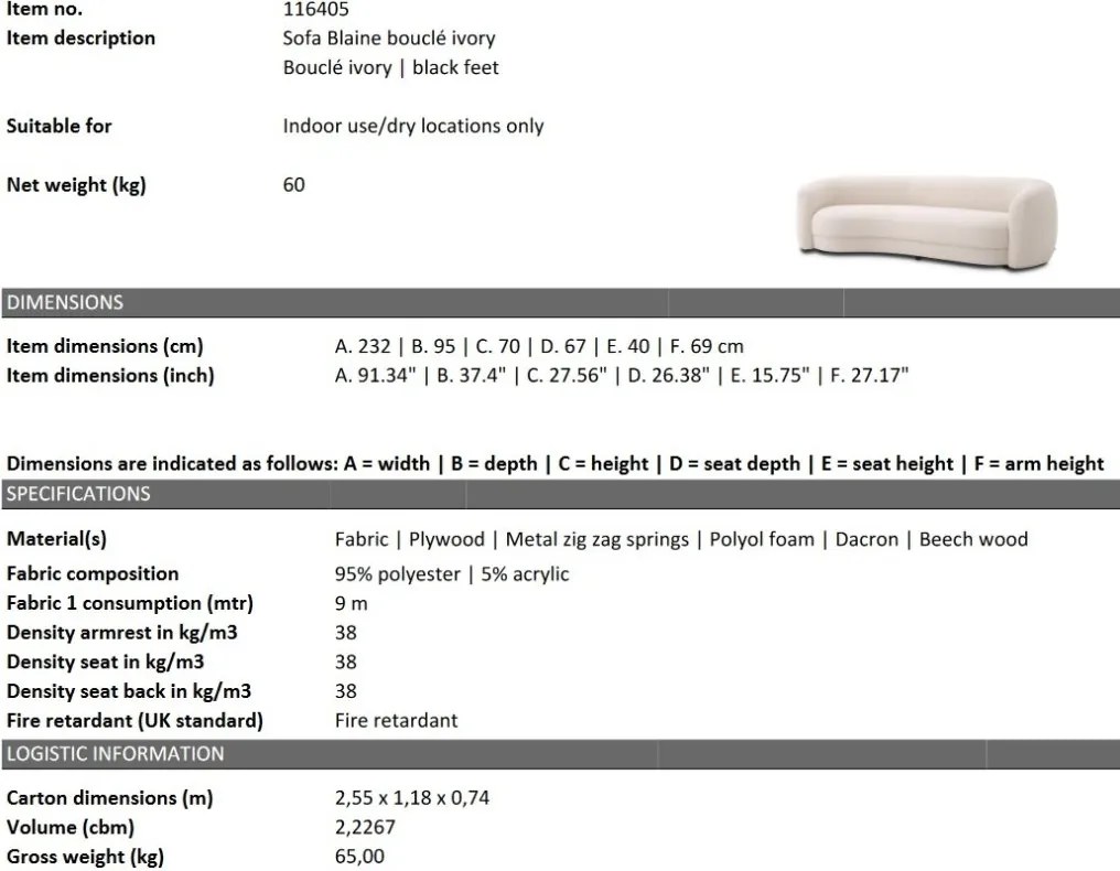 Canapea curbata design LUX Blaine, boucle ivory