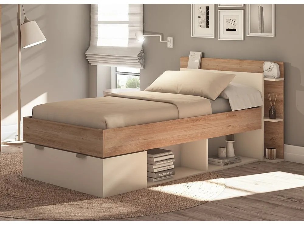 Pat alb/în culoare naturală cu aspect de lemn de stejar cu spațiu de depozitare fără somieră 90x200 cm Albo – Marckeric