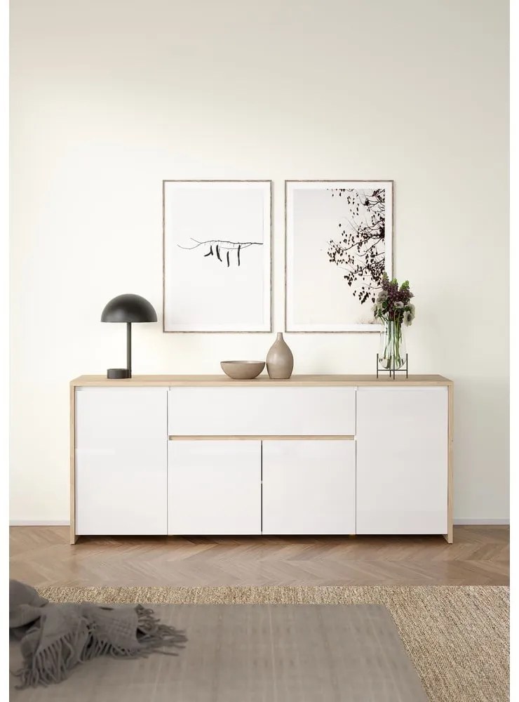 Comodă albă-în culoare naturală cu aspect de lemn de stejar 197x84x48 cm Next – Tvilum