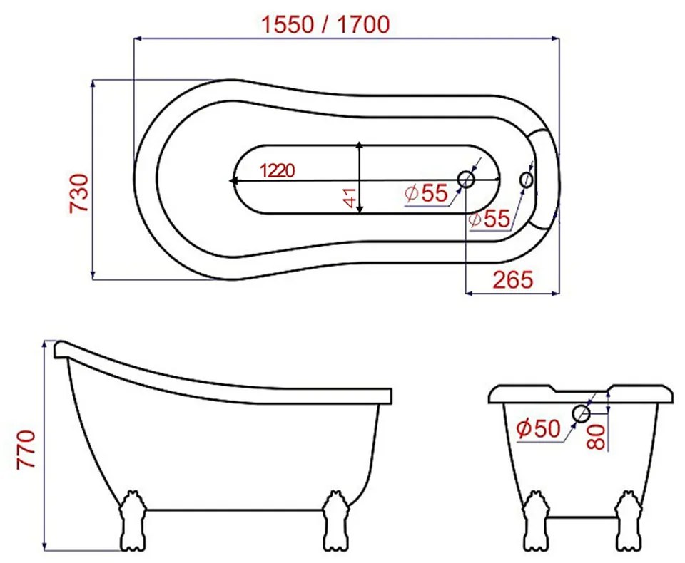 Cada baie freestanding cu picioare crom 155 x 73 cm, Florida, Venus 1550x730 mm