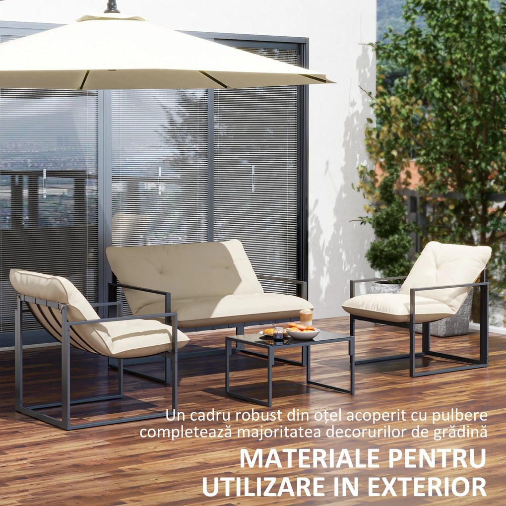 Outsunny Set Mobilier de Exterior cu Masă din Sticlă, Canapea, 2 Fotolii și Perne, Bej | Aosom Romania