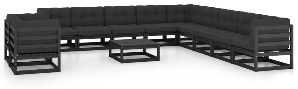 3076993 vidaXL Set mobilier de grădină cu perne12 piese, negru, lemn masiv pin
