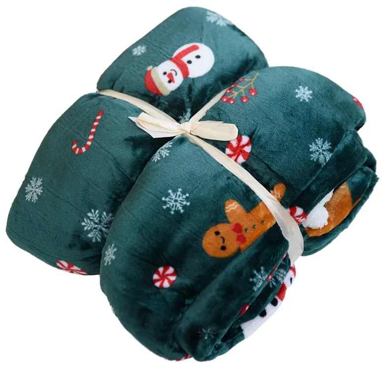 Patura miel de Craciun din microplus SNOWMAN AND GINGERBREAD verde inchis Dimensiuni: 200 x 220 cm