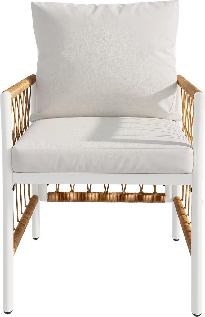 Set modern de mobilier de grădină, 7 piese, cadru alb din fier cu cotiere împletite, 1 masă+6 scaune, Bej+Culoare naturală