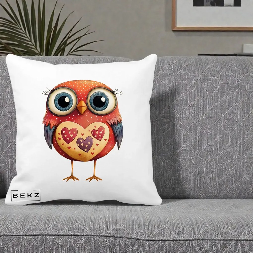 Perna Decorativa Bufnita Rosie cu Inimi Aurii, 40x40 cm, Alba Mata, Husa Detasabila, Perna Inclusa, BEKZ®