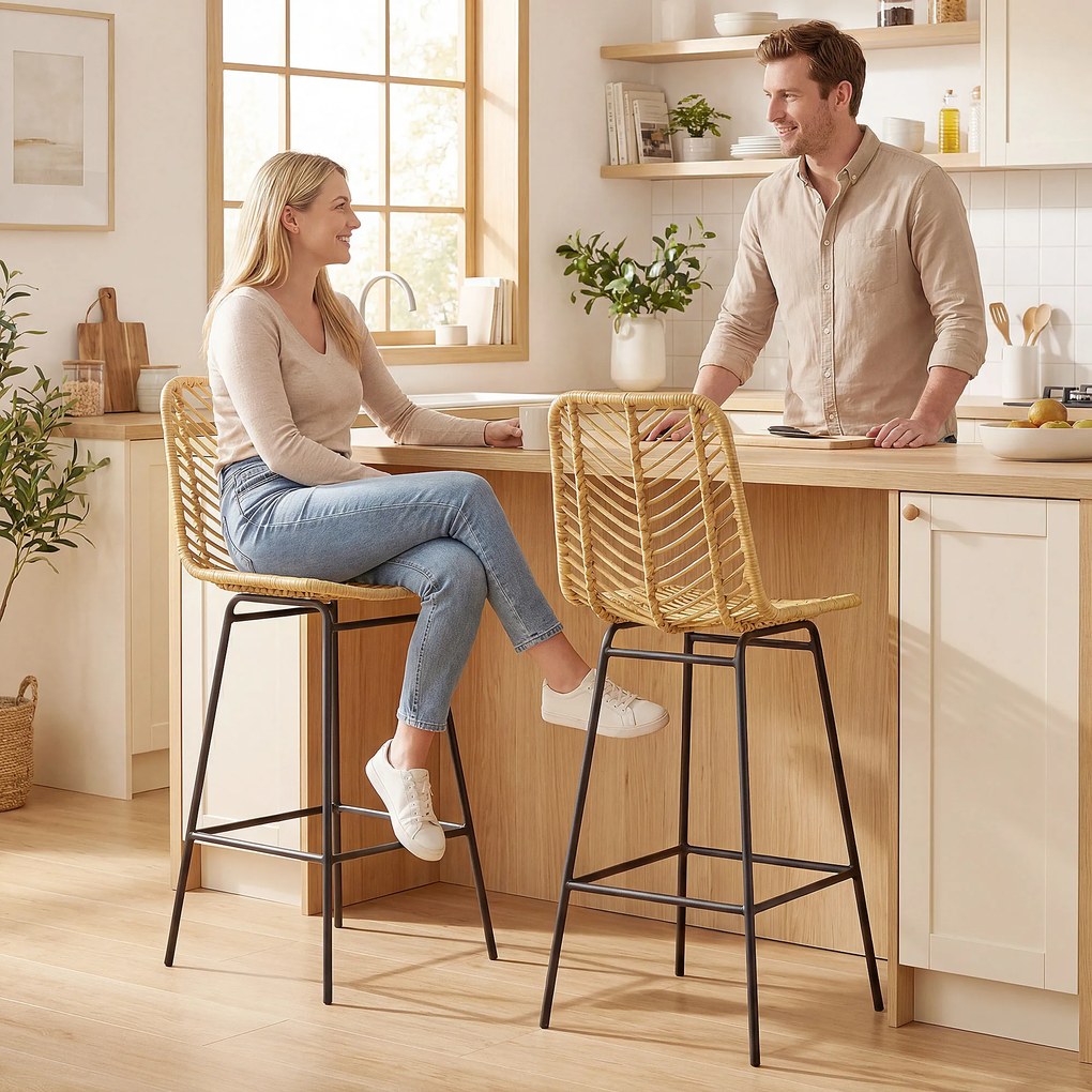 HOMCOM Lot de 2 taburete de bar design boem Înălțime 66 cm cu suport pentru picioare din metal și răchită PE, natural | Aosom Romania