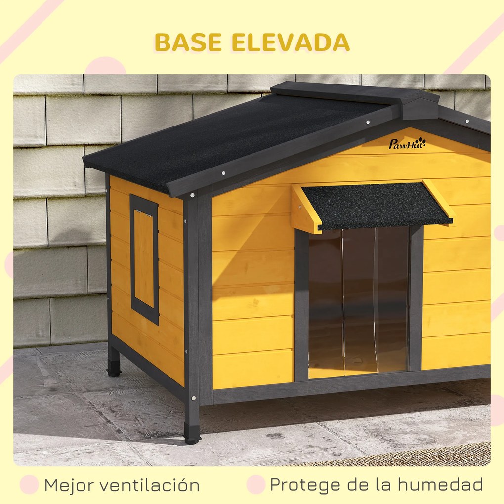 PawHut Caseta pentru Câini Exterior cu Acoperiș Asfaltic Rabatabil Ferestre și Bază Detașabilă 97x72x65 cm Lemn Natural | Aosom Romania