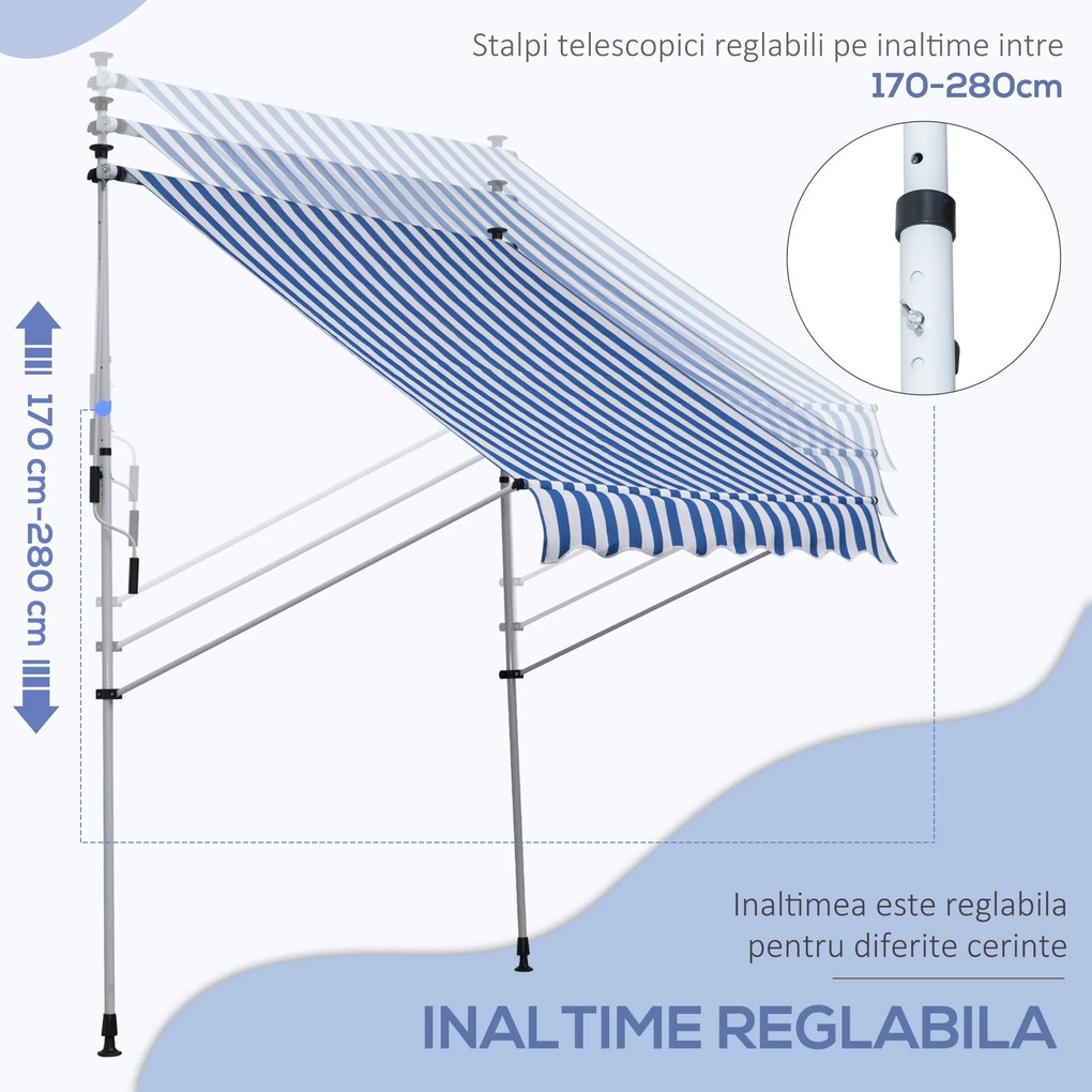 Outsunny Copertină Roll-Up pentru Exterior cu Manivelă, Cadru Telescopic și Unghi Reglabil, Albastru și Alb, 200x150cm | Aosom Romania