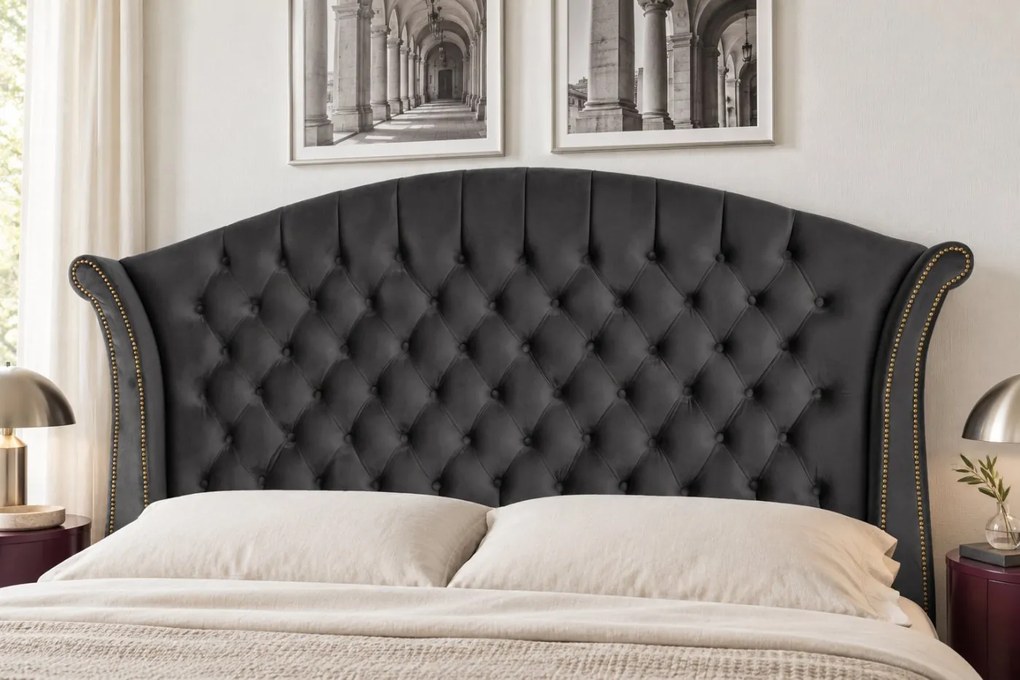 Pat tapițat Velluto 160×200 cm, gri închis, cu ladă de depozitare