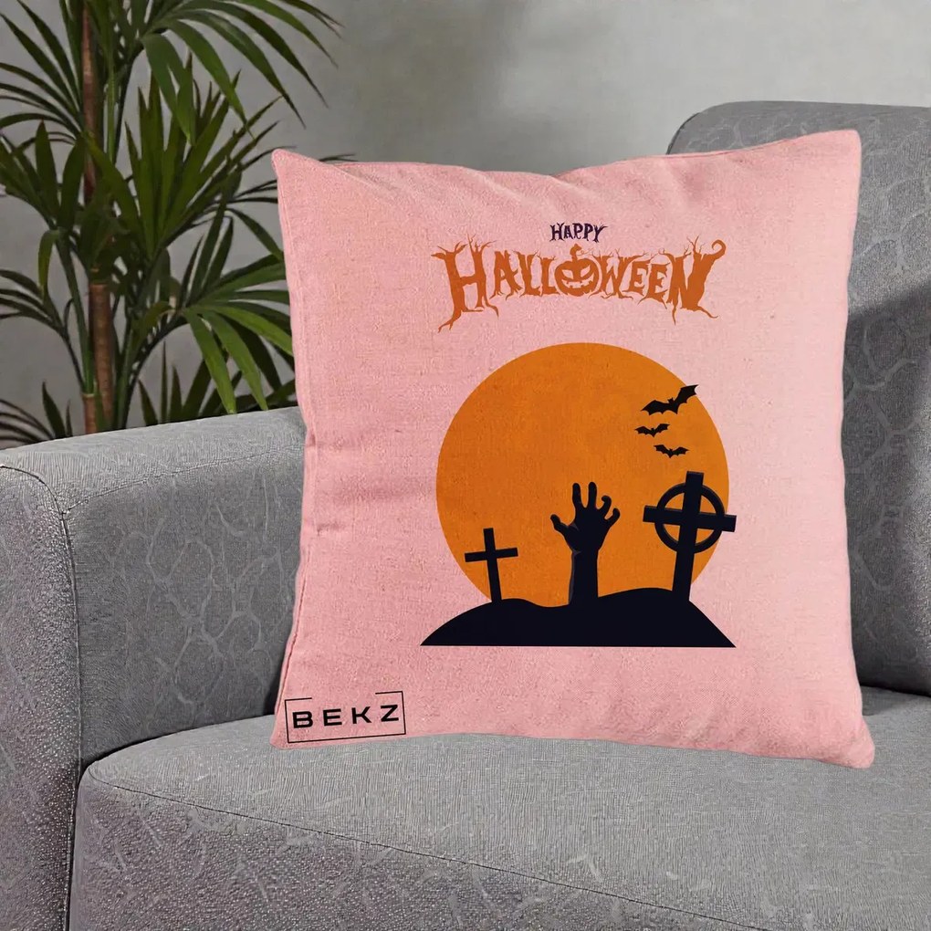 Perna Decorativa Happy Halloween Cimitir cu Luna, 40x40 cm, Roz, Husa Detasabila, Perna Inclusa, BEKZ®