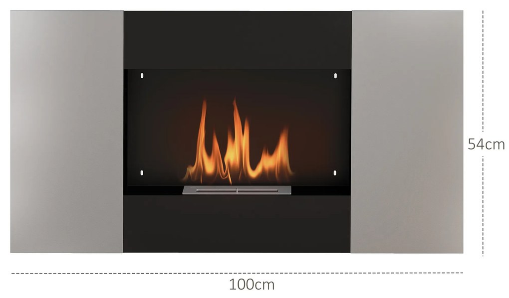 HOMCOM Șemineu pe Bioetanol de 0,9L pentru Durată de 3,3 ore, Bioșemineu Încastrabil din Oțel și Sticlă, 100x15x54 cm, Negru | Aosom Romania