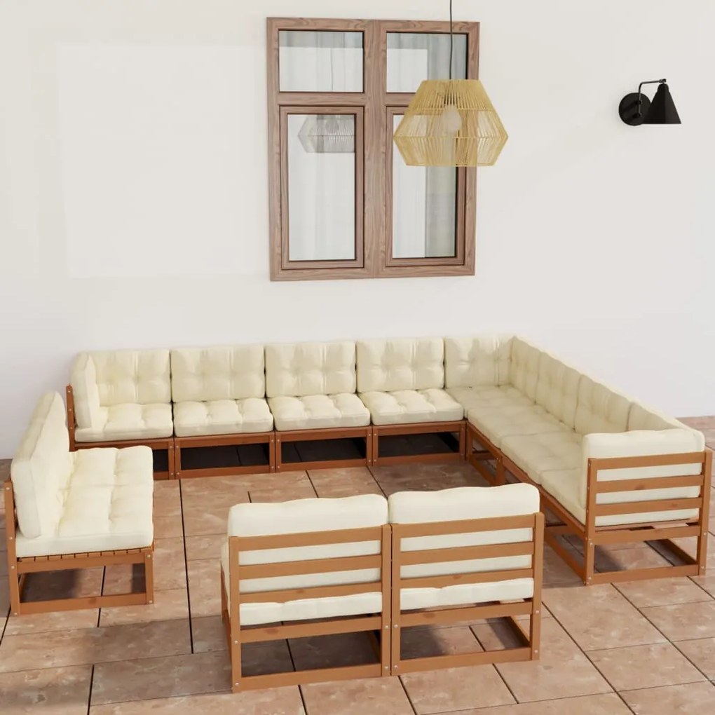 3076947 vidaXL Set mobilier grădină cu perne, 12 piese, maro, lemn masiv pin