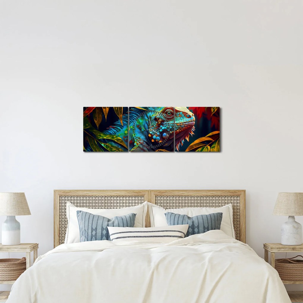 Tablou - Iguana colorată (cu ceas) (90x30 cm)