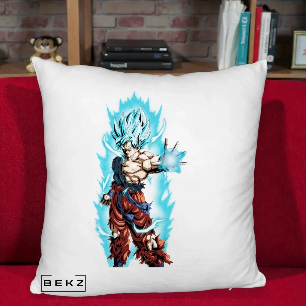 Perna Personalizata Dragon Ball Goku Ultra Instinct Blue, 40x40 cm, Alb Pufos, Husa Detasabila, Perna Inclusa, BEKZ®