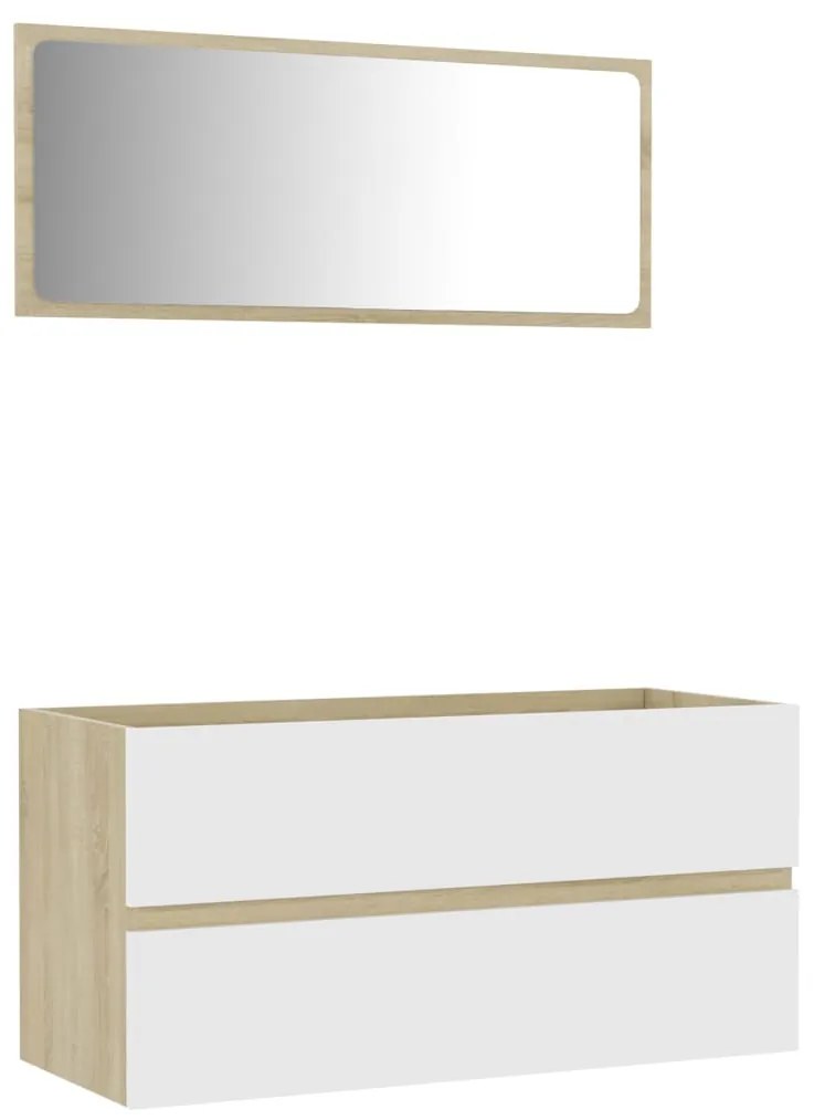 Set mobilier baie, 2 piese, alb si stejar Sonoma, PAL alb si stejar sonoma, Dulap pentru chiuveta + oglinda, 1