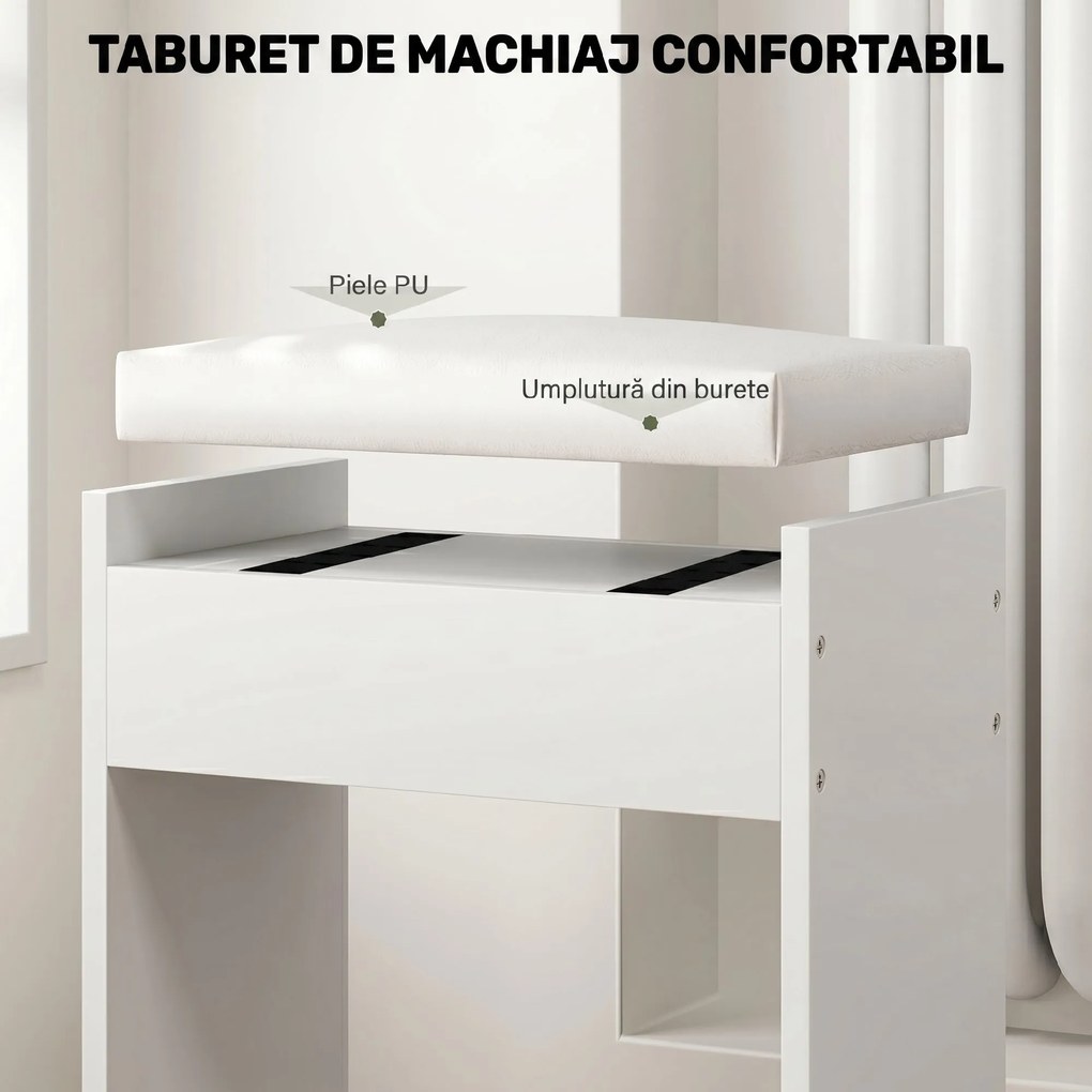HOMCOM Set Masă de Toaletă cu Oglindă și 5 Sertare și Taburet de Machiaj Tapițat, 97,2x44,5x136,5 cm, Alb | Aosom Romania